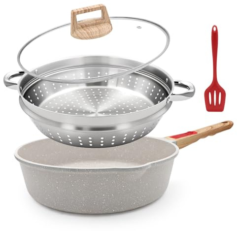 Bobikuke Padella 28 cm, set di 4 pezzi Padella antiaderente - (padella con coperchio, cestello per cottura a vapore/colino, spatola in silicone), con manico rimovibile, adatta al forno (Bianco)