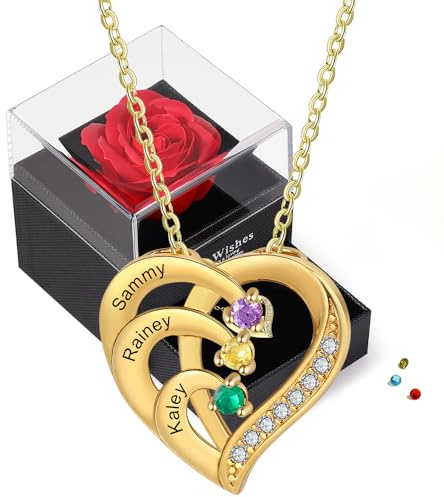 Rose Eternelle Artificielle avec Collier - Collier Cœur Personnalisé en Argent 925 pour Femme avec Nom Pierre de naissance - Cadeau pour Noël,Anniversaire,Saint-Valentin,Fête des Mères (Or-3 nom)