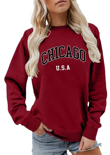 Generisch Sudadera para mujer con texto de Chicago - Jersey de manga larga en estilo universitario | Parte superior informal con cuello redondo para el día a día