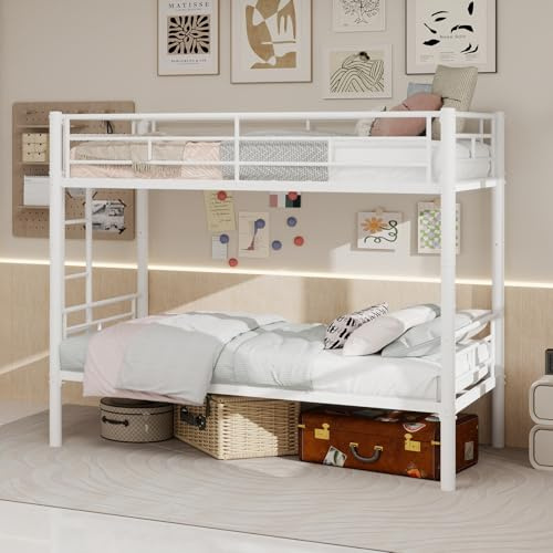 QSOST Lit Superposé Enfant 90x190, Lit Mezzanine - Convertible en 2 lit Simple, avec Échelle et Barrière de Sécurité, Aucun sommier requis, Pas de Bruit, pour Adulte/Enfant (Blanc)