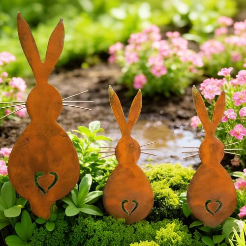 ZoneYan Coniglietto Pasquale da Giardino Ruggine, 3 Pezzi Coniglietto di Pasqua Arrugginito Metallo, Decorazione da Giardino per Pasqua e Primavera, Spina di Ruggine per Giardino Balcone e Terrazza