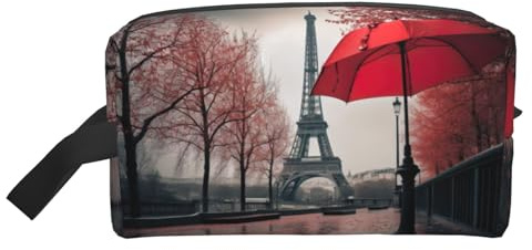 Torre Eiffel con ombrello rosso stampa borsa – borsa da viaggio per cosmetici, kit dopp, organizer per articoli da toeletta, borsa portatile con cerniera, Torre Eiffel con ombrello rosso, taglia unica