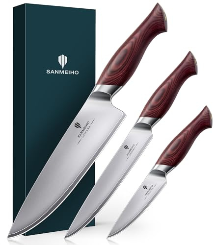 SANMEIHO Set di 3 Coltelli da Cucina Giapponese Professionale con Lama in Acciaio Inox 10Cr15MoV (62 HRC), Affilatissimo, Manico in Legno - Coltello Chef, Coltello Universale, Coltello da Sbucciatura