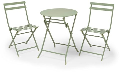 VonHaus Folding Bistro Set for 2, Sage Green Metal Table and Chairs Set | 3 Piece Patio Set, Weather Resistant, Durable Reinforced Steel Frame for Outdoors, Balcony and Patio Furniture, Ravello