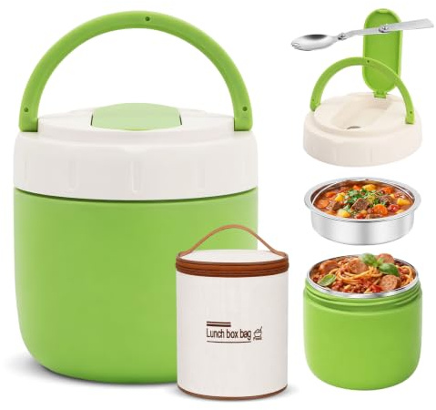 Ecofocet Thermobehälter für Essen 1.3L, Warmhaltebehälter aus Edelstahl mit Faltbaren Löffel & Isoliertasche, Thermo Lunchbox, Thermoschüssel für Suppen Babybrei, Henkelmann für Kinder Schule Büro