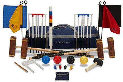 Uber Games Mega Profi Championship Krocket Set - England Hersteller - Komplett und Ultra Luxus - Hartholz Mallets - Metalltore - Flaggen - Kunststoff balle