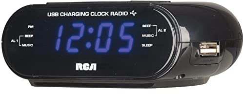 RCA USB Charging Clock Radio, .6” Blue LED Display, Brightness Display, FM Radio with Presets, Dual Wake, Sleep Timer, and Snooze Functions