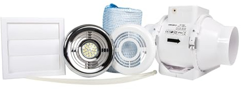 Airflow Aventa 100mm Timer In-Line Extractor Fan Kit with LED Lamp – Includes 6m Flex Duct, Ties, Chrome & White Grilles, External Grille – 2 Speed, Adjustable Timer - 3 Years Warranty