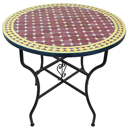 Saharashop Mediterraner Mosaiktisch Rund Ø 80 cm Bordeaux-Gelb, Terrassentisch, Gartentisch, Mediterraner Fliesentisch, Beistelltisch-Handarbeit, Balkontisch Bistrotisch Kaffeetisch