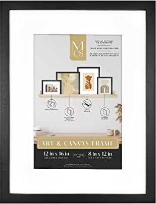 MCS Gallery Wooden Frame for Canvas, Art Boards, Photos and more, Black, 12x16 with 8x12 Mat