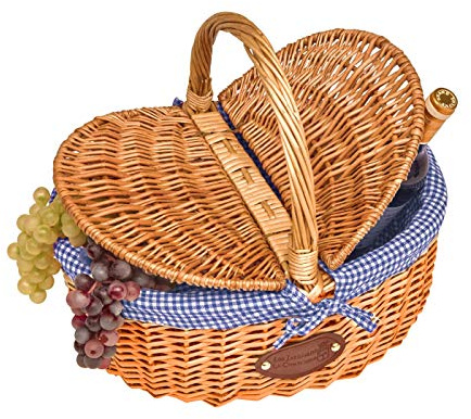 Les Jardins de la Comtesse - Panier en Osier Campagne - Vichy Bleu/Blanc - Osier Naturel de Haute Qualité - Petit Panier Pratique - Tissu Détachable et Lavable - Idéal pour le Marché - 40x31x20cm