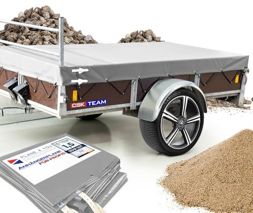 Hochwertige Anhängerplane - Anhänger Plane nach Maß 257 x 133 x 15 cm Lichtgrau - Flachplane PKW-Anhänger Saris mit H Gestell und Rehling Wasserdicht Abdeckung aus PVC Gewebeplane Hochglanzlackiert