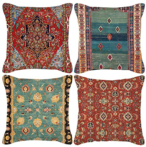 HOSTECCO Kilim Cushion Covers 45x45 cm Pack of 4 Vintage Tribal Cushion Cases Ethnic Patterned Decorative Pillow Covers for Sofa Couch Bed Office