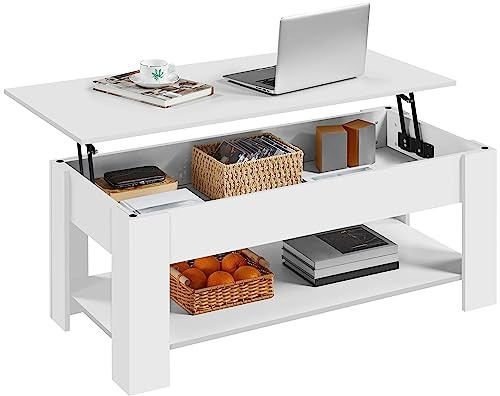 Yaheetech Lift Up Coffee Table 120x60x(49-63.5) cm, White | E1-Compliant MDF, Lifting Tea Table, Hidden Storage Drawer, Open Shelf, for Living Room/Reception