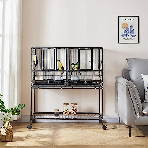 Panana Large Bird Cages Parrot Cage Wide Flight Metal Animal Cage for Budgie Parakeet Conure With Rolling Stand Wheels (Black, 95L x 45.5W x 105H)