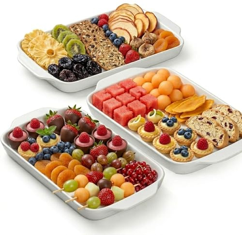 Dizada Large Serving Platter with Handles 16x9 - White Porcelain Serving Trays Set of 3, Rectangular Platters for Entertaining, Party, Appetizer, Charcuterie