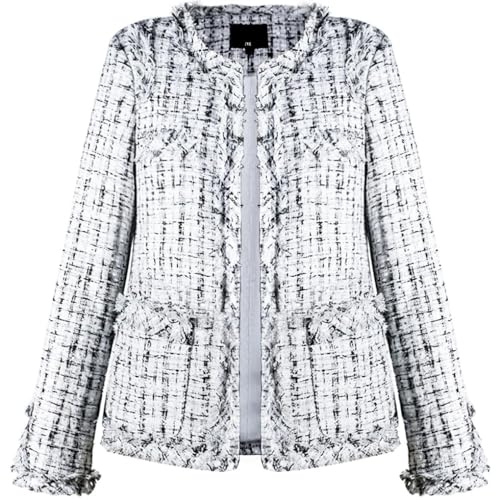 Leyoutx Blazer da Donna in Tweed Scozzese Senza Colletto Elegante Aperto sul Davanti con Frange Casual da Lavoro Giacca Glitterata, Bianco, Large
