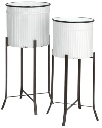 Creative Co-Op Round Metal Planters on Stands, White and Black, Set of 2