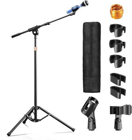 OUKMIC Mic Stand with Boom Arm, Heavy Duty Tripod Microphone Stand Floor Holder Height Adjustable with Carrying Bag and 2 Mics Clips for Singing Performance, Home Studio Recording, Podcast and Stage