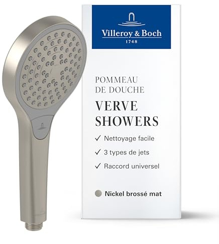 Villeroy & Boch Verve Showers Soffione Doccia, doccetta con 3 tipi di getto commutabili con un pulsante, EasyClean, risparmio idrico, antiriflusso – nichel spazzolato opaco