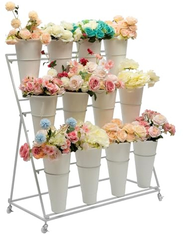 Benediction Life Soporte de exhibición de flores con ruedas, carrito de plantas de 3 capas con 12 cubos, estante de flores móvil resistente para interiores, exteriores, patio, jardín, sala de estar,