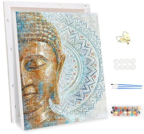 MEIYUDA Pintar por Numeros Adultos con Marco Buda de oro, Cuadros por Numeros Pigmento Acrílico, DIY Pintura por Numeros Kit Manualidades Adultos, Decoración para el Hogar Regalo de pared 30x40cm