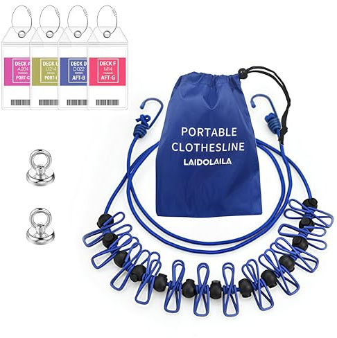 Magnetic Retractable Clothes washing Line for Cabin - Approved 2026 Cruise Essentials Clothes Drying Rack Travel Clothesline with Clothespins -4 Luggage Tags Strong Magnets Hooks (Blue)