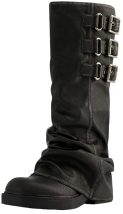 MAVMAX Kniehohe Damen-Stiefel, leger, runder Zehenbereich, überzogen, lockeres Leder, zum Überziehen, breite Wade, klobiger niedriger Absatz, Plateau-Stiefel, Schnalle schwarz, 41 EU