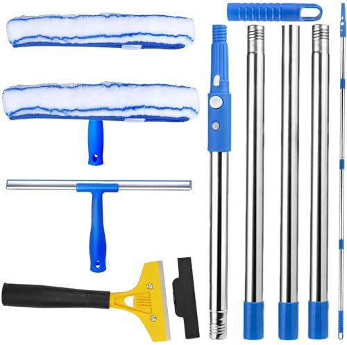 YOUYIKE 160cm Limpiacristales con Mango Extensible, Limpiador de Cristales con Escobilla de Silicona & Paños de Microfibra, Limpiador de Ventanas para Baño, Ducha, Cristal, Espejo, Coche