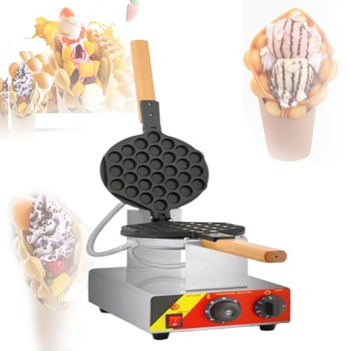 DLNTXFDG Máquina para Hacer gofres de Burbujas Comercial, Plancha de hojaldre con Burbujas de Huevo de 1000 W, giratoria de 180°, con sartenes y Mangos de Madera, Revestimiento Antiadherente