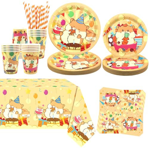 Obussgar hamster partydekoration – hamster födelsedagsfest porslin levereras med tallrikar, koppar, servetter, bordsduk, sugrör – serveras 20