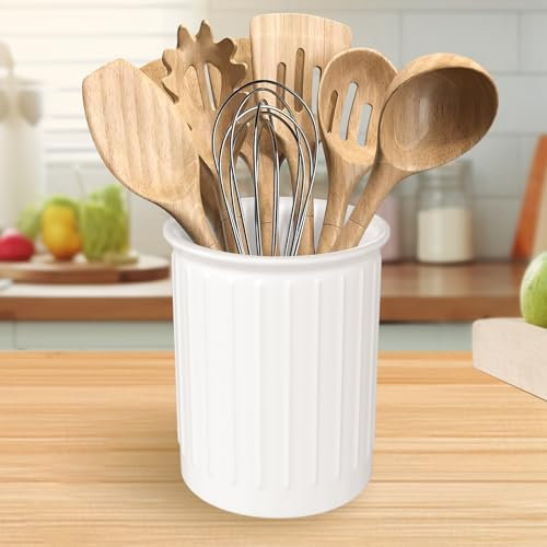 Utensilienhalter Küche,Küchenutensilienhalter Keramik für Küchentheke,Relief Behälter für küchenutensilien,Arbeitsplatte Aufbewahrung,Keramik-Utensilienbehälter für Heimdekoration-Weiß-13.4*10.8cm