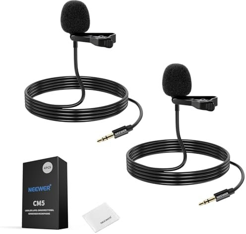 NEEWER CM5 Lav Mic (2 Pack), 3.9ft/1.2m Wired Clip On Lavalier Lapel Omnidirectional Condenser 3.5mm TRS Mini Microphone Compatible with Camera Rode Wireless GO II 2 DJI Transmitter, 1x Cleaning Cloth