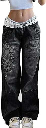 Jeans Larghi con Motivo a Cuore a Vita Bassa da Donna Pantaloni Cargo in Denim a Gamba Larga lavati (Nero,L)