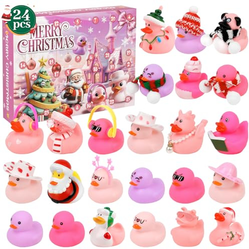 JOFONY Advent Calendar 2025,Pink Rubber Duck Advent Calendar 2025,24 Days Christmas Countdown Gift with 24 Rubber Ducks Bath Toys for Toddler Boys Girls Xmas Gifts