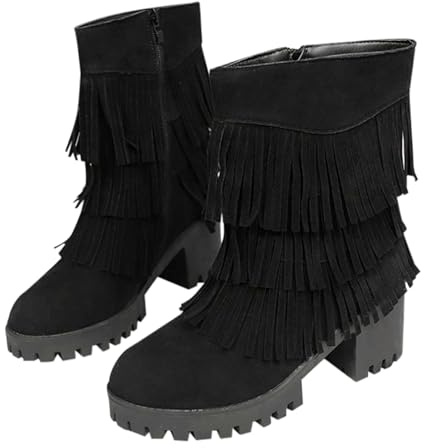 Botines de plataforma para mujer, tacón medio, pantorrilla ancha, gamuza, triple capa, flecos, cremallera lateral, Black, 37 EU