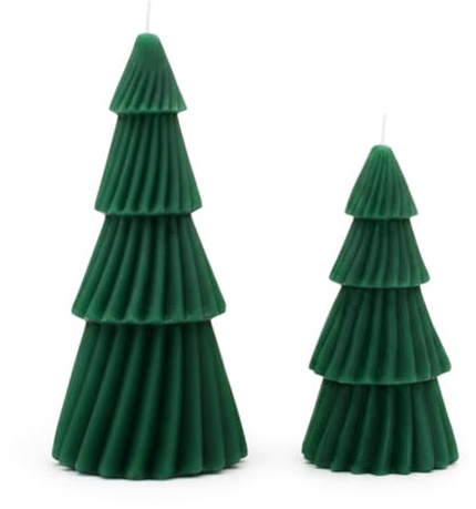 Velas de cera con diseño de árbol de Navidad, 2 unidades, color verde, 17 cm / 13 cm, cera auténtica con larga duración de combustión