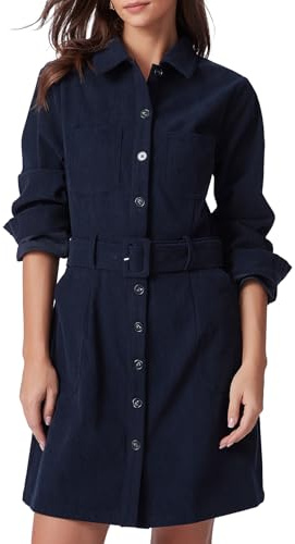 Kedera Women's Corduroy Mini Dress Collared Neck Long Sleeve Button Up Casual Fall Shirt Dresses Belted with Pockets Navy Blue
