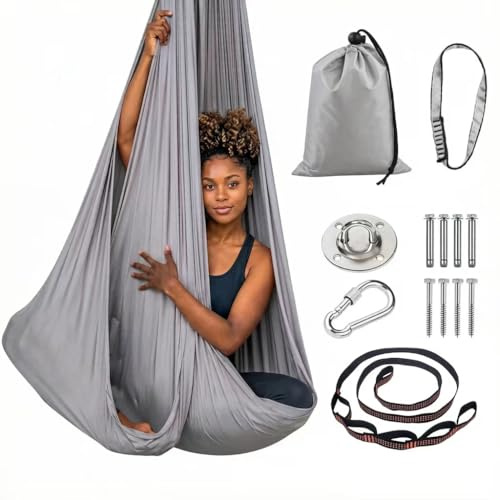 Hängmatta set, yoga-hängstol-gunga, 280 x 150 cm, (ljusgrå)