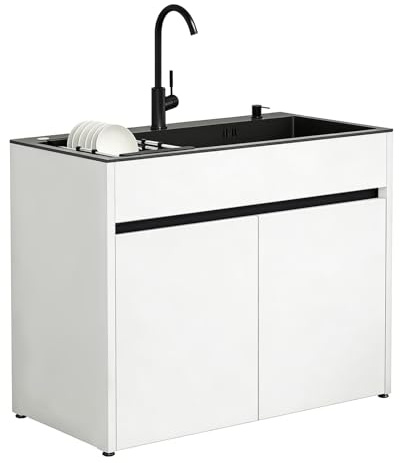 Mueble Fregadero con Cubeta de Acero Inoxidable Negro para Lavadero y Garaje, armario de almacenamiento de aluminio de panel de abeja con grifo, dispensador de jabón y cesta extraíble, ajustable