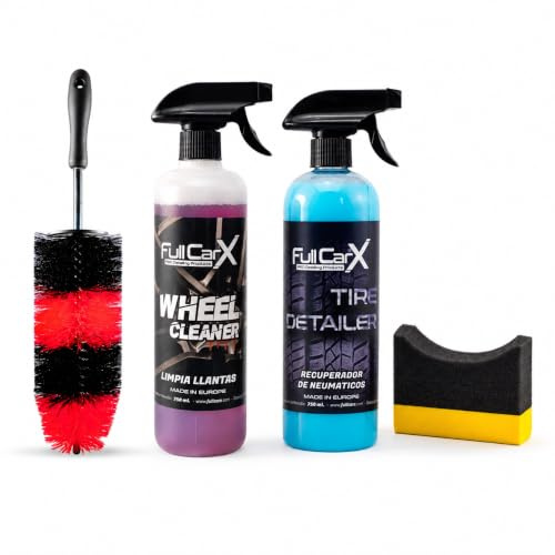 AutoFullCar Kit Limpieza Llantas y Neumáticos, Limpiador de Llantas y Recuperador de Neumáticos 750 ml, Cepillo PRO y Esponja Aplicadora, Cuidado Exterior para Detailing