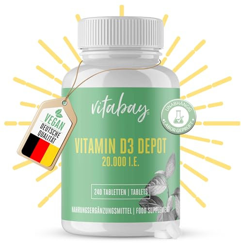 Vitabay Vitamin D3 Depot 20.000 I.E. - 240 Vegane Tabletten Hochdosiert & Vegan - ohne unerwünschte Zusätze - Trägt zur Unterstützung des Immunsystems und zur Erhaltung normaler Knochen bei
