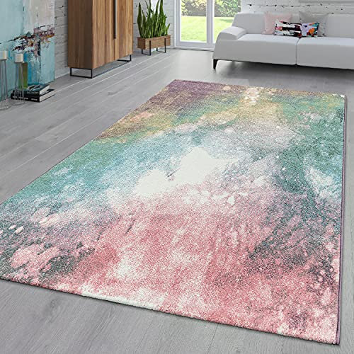 TT Home Wohnzimmer Teppich Kurzflor Abstraktes Design Pastell Used Look Modern Bunt, Farbe:Bunt 2, Größe:80x150 cm