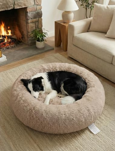 OKPOW Donut Dog Bed,Calming Anti Anxiety Large Dog Beds,Washable Soft Warm Plush Fleece Fluffy Soothing Cat Pet Cushion,Round Orthopedic Relief Improved Sleeping Non Slip Bottom Kitten Bed,70cm