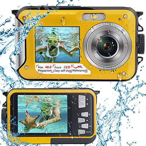Appareil Photo Etanche Numérique Full HD 2.7K 48MP Camera Etanche pour la plongée en apnée Camera sous Marine à Double écran avec Retardateur et Zoom Numérique 16X