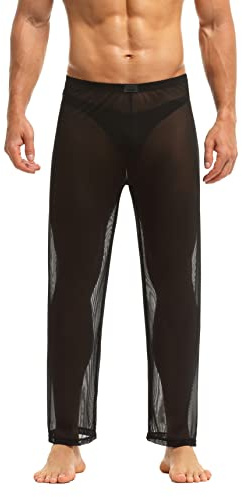 Herren Hose transparent Netz Nachtwäsche Männer Reizvoll Unterwäsche Nylon Mesh durchsichtig Lange Sheer Pant aus feinster Tüll Stoff (S, Schwarz)