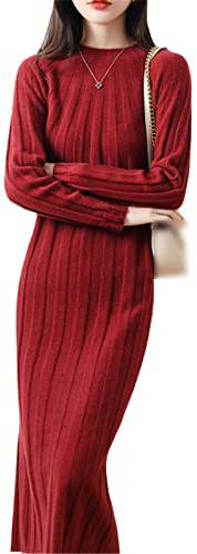 Kelsiop Robe longue pour femme 100 % laine Pull mode hiver tricot manches longues, bordeaux, XL