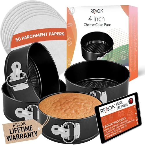 RFAQK 4 Inch Mini Cheesecake Pans Leakproof, 4pcs Small Nonstick Springform Pans with Removable Bottom, Includes 50pcs Parchment Papers, E-Book, Perfect for Baking Mini Cakes, Pizzas, Quiches & More!