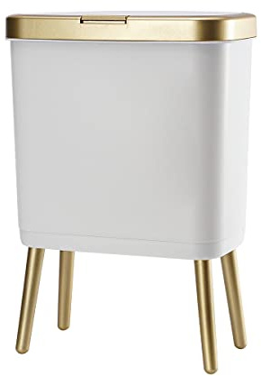 Procade Bathroom Trash Can with Lid, Plastic Garbage Can with Legs, 4 Gallon Gold Trash Bin with Push Button, Narrow White Trash Can Waste Basket for Bedroom, Living Room,Office，Dog Proof Trash Bin