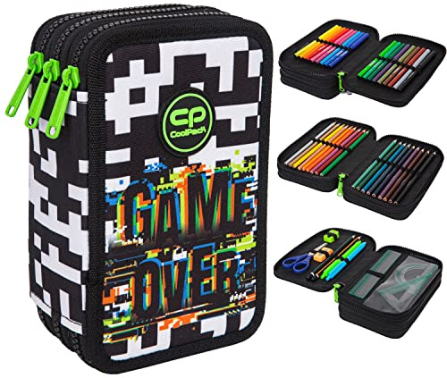 Goldkids Federtasche 3-fache Federmappe Game Over Federmäppchen 46-teilig gefüllte Schüleretui Stifte und Pinsel inkl. Aufgabenheft Federbox Etui Stiftetasche Schlamper-Etui Schul-Etui